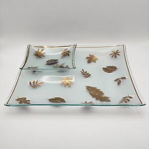 Libbey Glass Company Golden Foliage Leaf Square Tray and Small Dish Set Vintage
